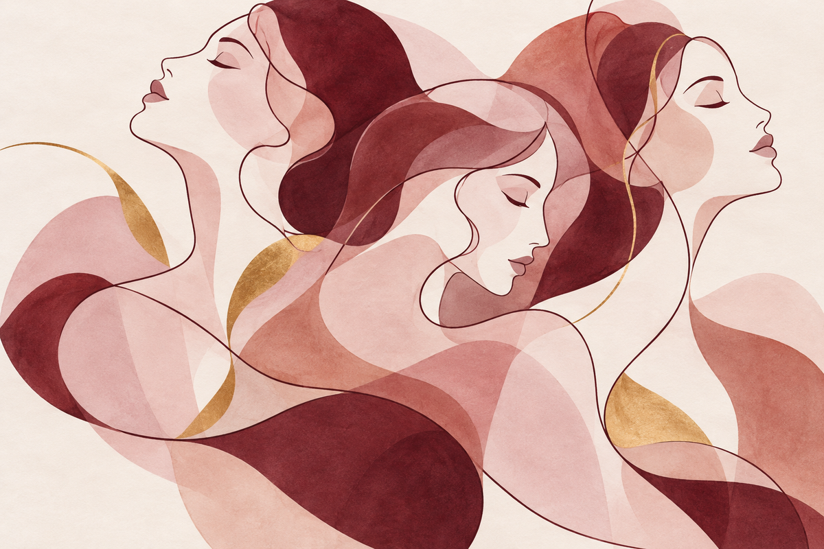 Illustrazione astratta di tre profili femminili intrecciati nei toni borgogna, rosa e avorio